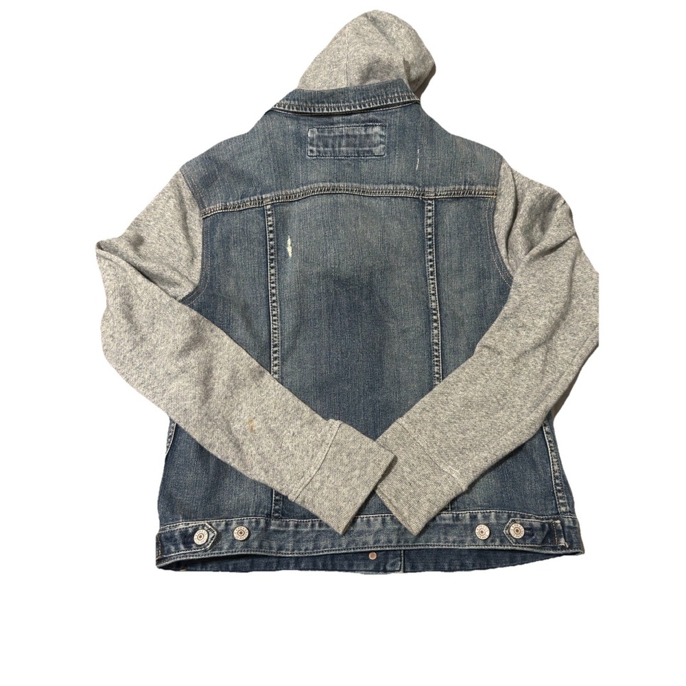 Express Jeans Women's L Distressed Denim Jacket With Sweatshirt Sleeves Hoodie - Picture 8 of 8